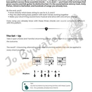 Alternating Bass Strumming PDF companion — A, D and E chords guitar lesson by Jo Bywater