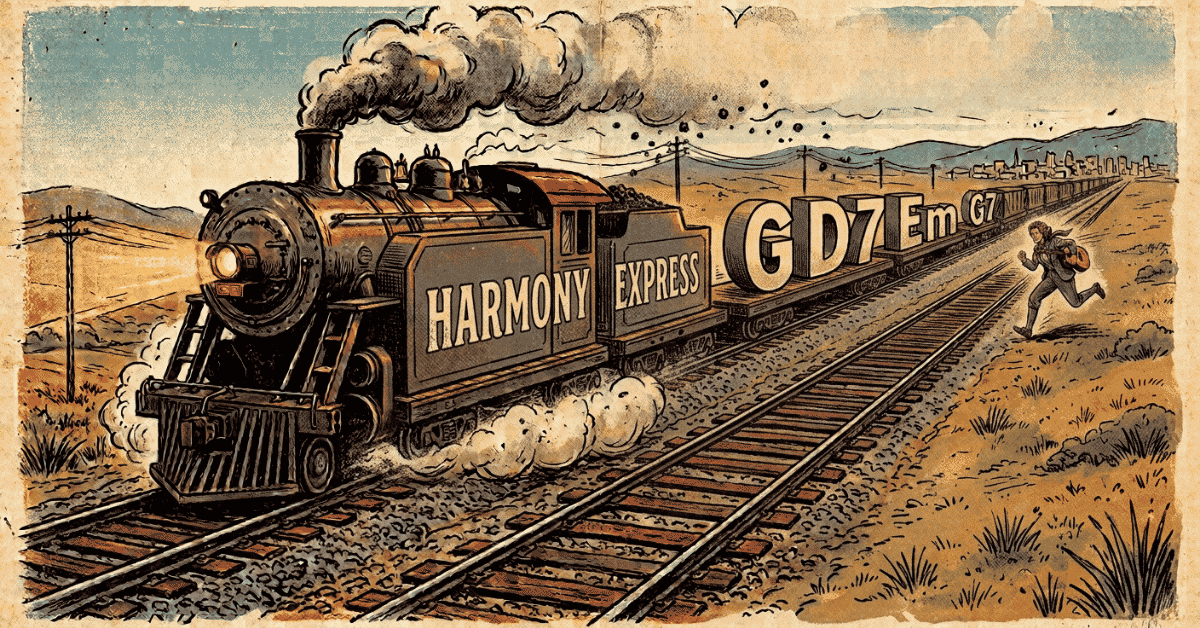 Harmony Express — chasing chord changes Vintage-style illustration of a steam train labelled "Harmony Express" pulling carriages marked G, D7, Em and G7, with a guitarist running to catch up