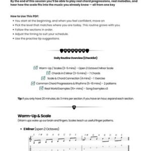 E Minor Practice Routine guitar lesson PDF cover showing scale, chords, and song practice pages