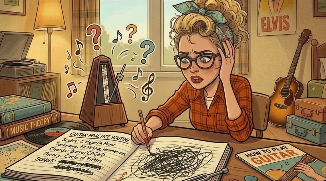 Cartoon of a frazzled guitarist scribbling over a messy practice routine, with a metronome and question marks around her.